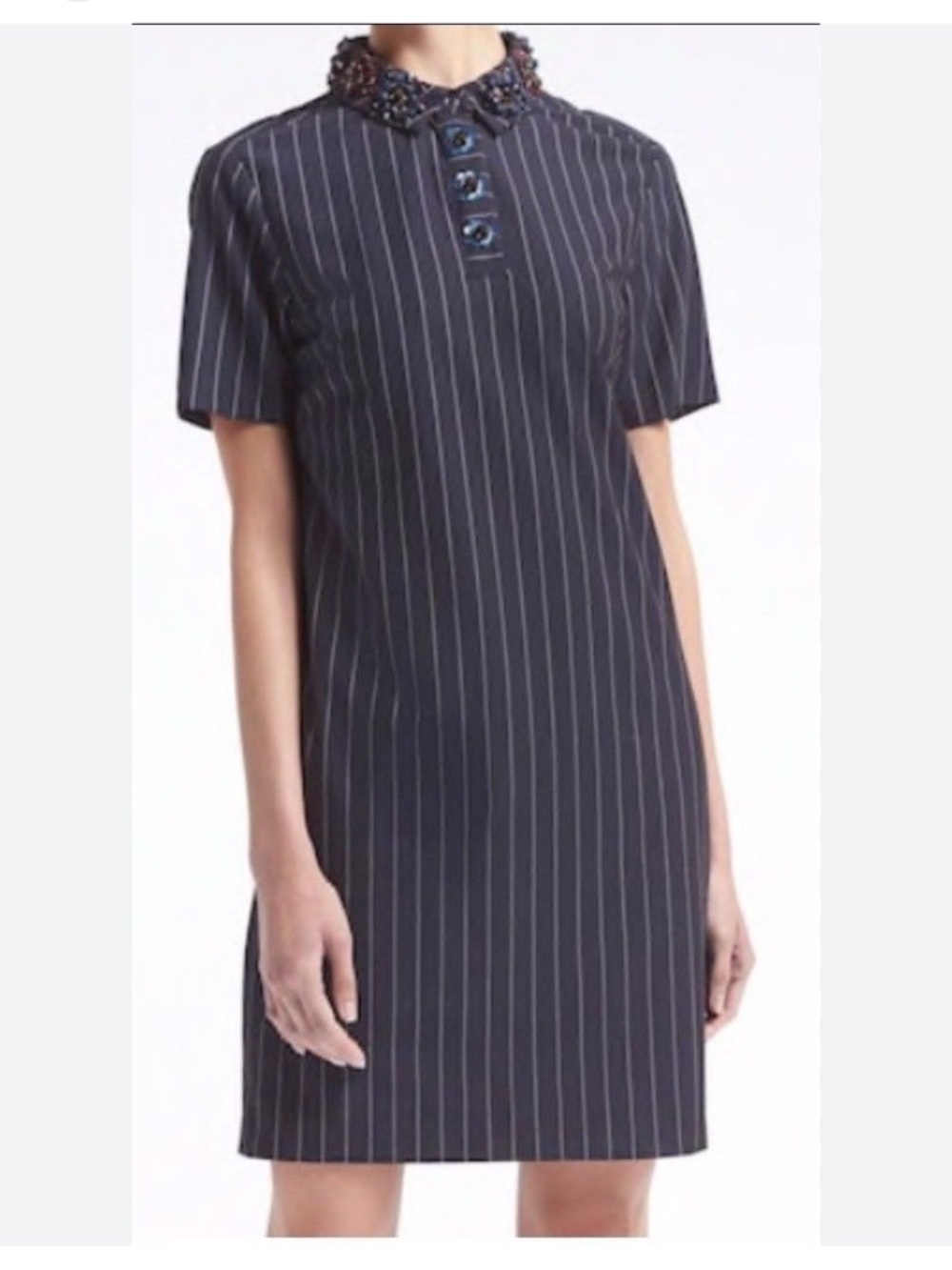 Banana Republic Navy Pinstripe Embellished-Collar Short Sleeve Shirt Dress